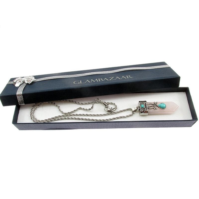 Fashion, accesorii si bijuterii - Femei - Bijuterii femei - Coliere femei - Colier inox pandantiv cuart roz cu un varf - Infinity.ro