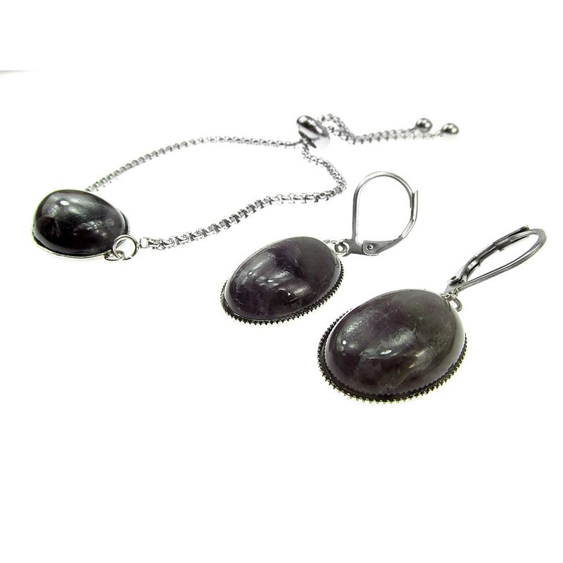 Fashion, accesorii si bijuterii - Femei - Bijuterii femei - Cercei femei - Set bratara si cercei inox cu ametist - Infinity.ro