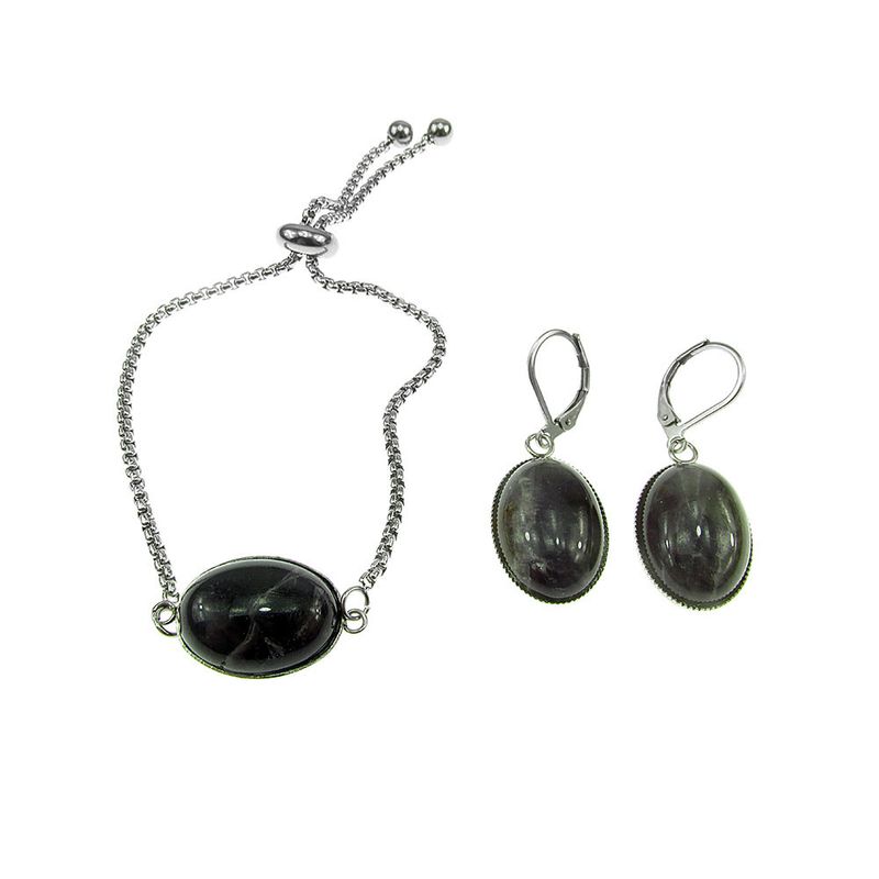 Fashion, accesorii si bijuterii - Femei - Bijuterii femei - Cercei femei - Set bratara si cercei inox cu ametist - Infinity.ro