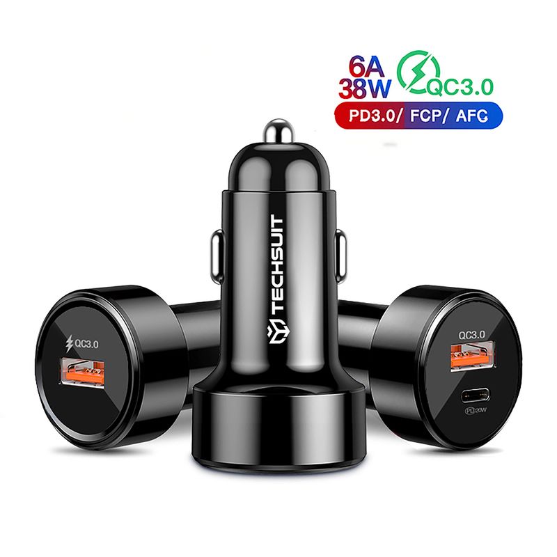 Laptop, Telefoane si Tablete - Telefoane mobile si accesorii - Accesorii Telefoane - Incarcatoare telefoane - Incarcator Auto USB-A, QC 3.0, USB-C, 38W, G295, Techsuit Premium CAPD028, G295, Black - Infinity.ro