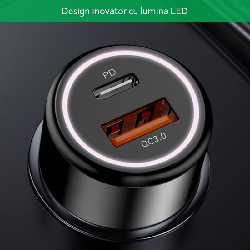Laptop, Telefoane si Tablete - Telefoane mobile si accesorii - Accesorii Telefoane - Incarcatoare telefoane - Incarcator Auto USB QC3.0 18W, Type-C PD 24W, G343, Black - Infinity.ro