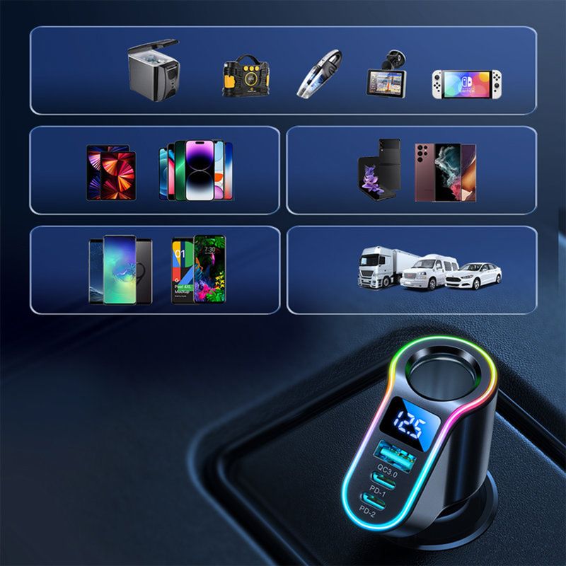 Laptop, Telefoane si Tablete - Telefoane mobile si accesorii - Accesorii Telefoane - Incarcatoare telefoane - Incarcator Auto USB, 2x Type-C, Bricheta, Lumini LED, 150W, G247, Black - Infinity.ro