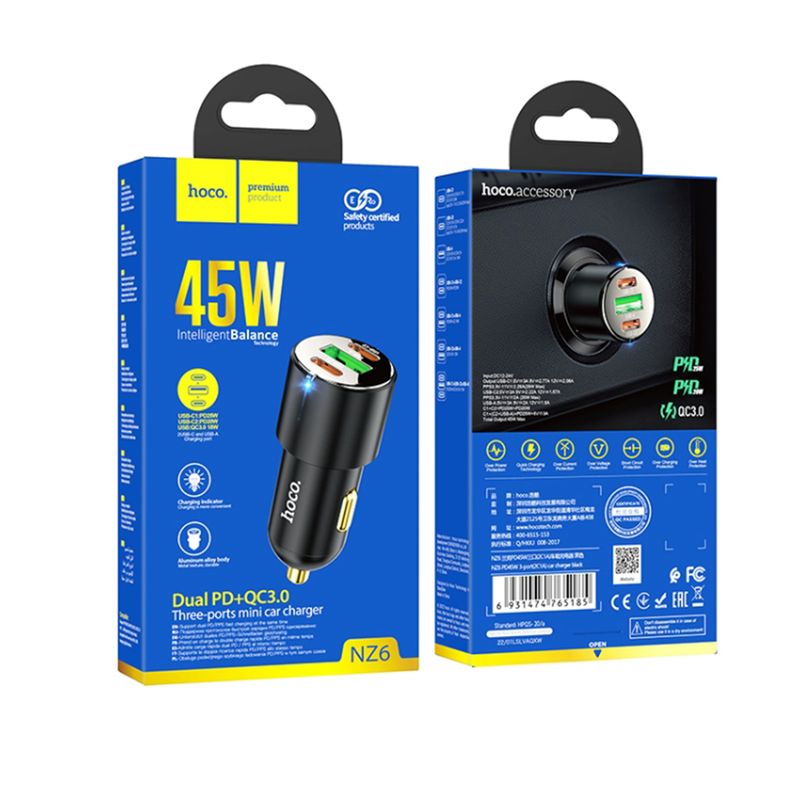 Laptop, Telefoane si Tablete - Telefoane mobile si accesorii - Accesorii Telefoane - Incarcatoare telefoane - Incarcator Auto USB-A, 2xType-C, QC3.0, PD45W, 5.0A, G301, Hoco NZ6 Victorious, G301, Black - Infinity.ro