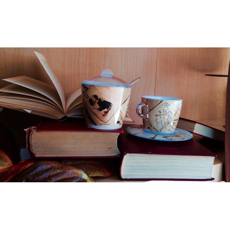 Casa si Gradina - Bucatarie si vesela - Cani si pahare - Cani si cesti - Set 2 cesti cu 2 farfurioare asortate PlexArt 9x6x8 cm - Old Memos - Infinity.ro