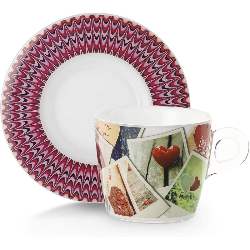 Casa si Gradina - Bucatarie si vesela - Cani si pahare - Cani si cesti - Set 2 cesti cu 2 farfurioare asortate PlexArt 9x6x8 cm - Love - Infinity.ro