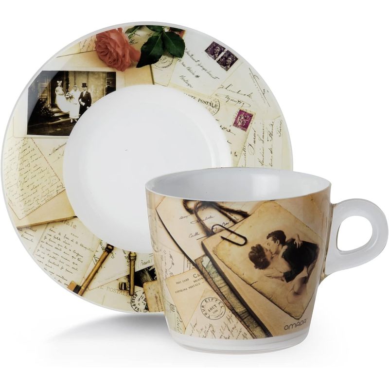 Casa si Gradina - Bucatarie si vesela - Cani si pahare - Cani si cesti - Set 2 cesti cu 2 farfurioare asortate PlexArt 9x6x8 cm - Old Memos - Infinity.ro