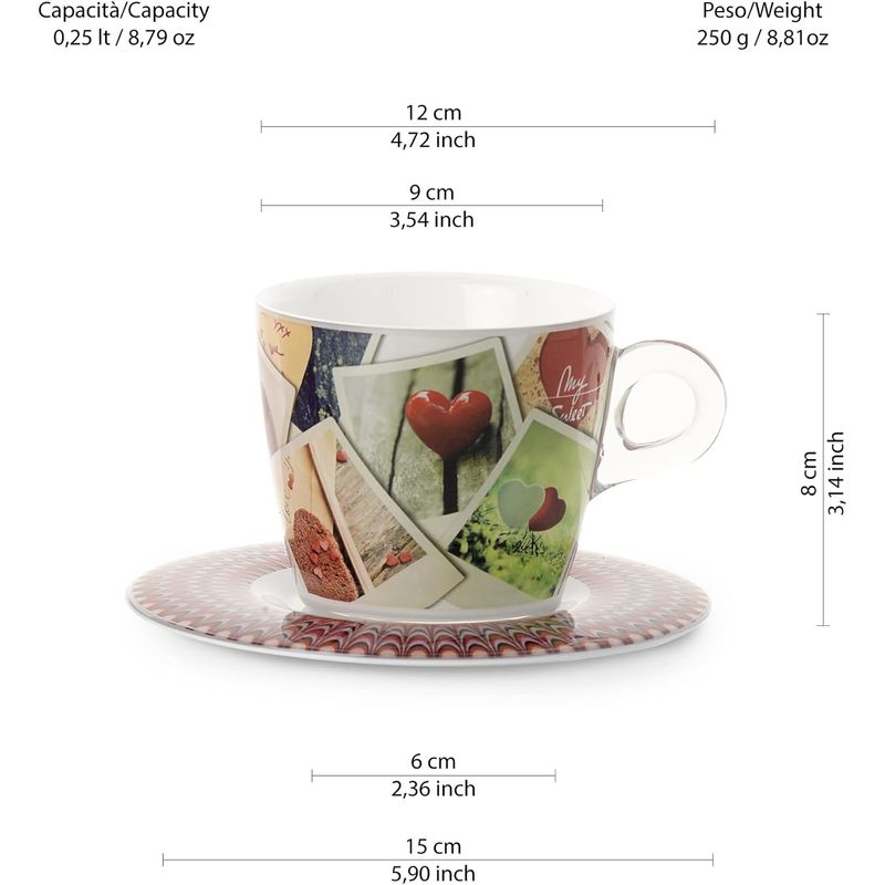 Casa si Gradina - Bucatarie si vesela - Cani si pahare - Cani si cesti - Set 2 cesti cu 2 farfurioare asortate PlexArt 9x6x8 cm - Love - Infinity.ro