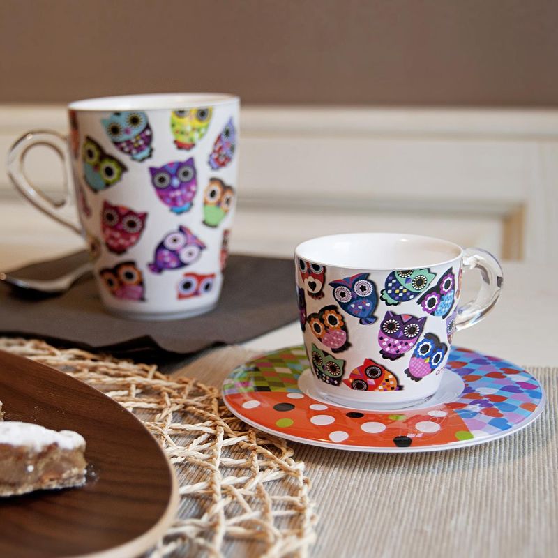 Casa si Gradina - Bucatarie si vesela - Cani si pahare - Cani si cesti - Set 2 cesti cu 2 farfurioare asortate PlexArt 9x6x8 cm - Magic Owlet - Infinity.ro