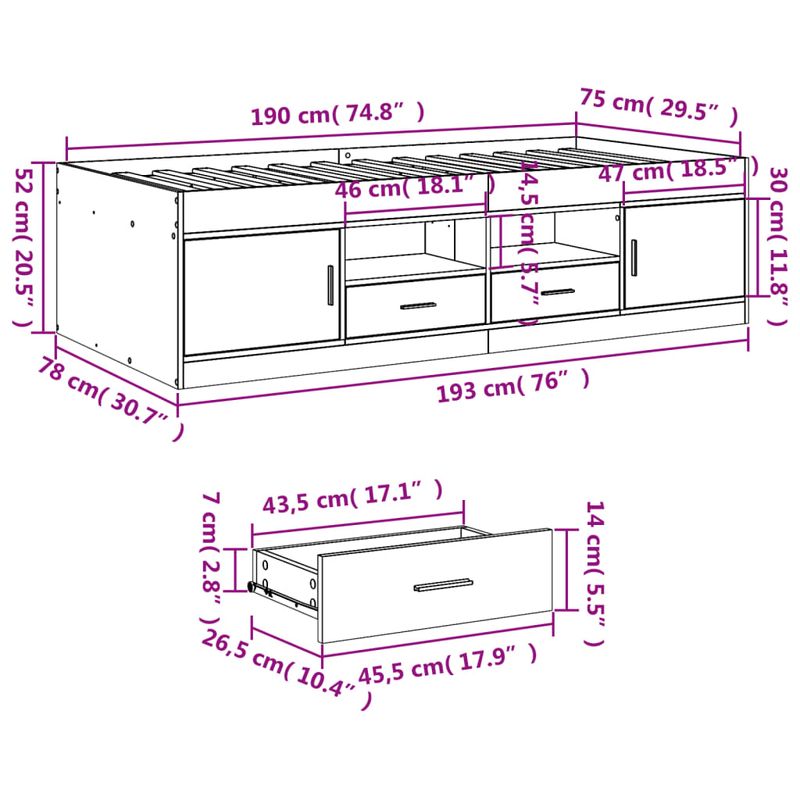 Casa si Gradina - Mobilier - Paturi si accesorii - Paturi - Cadru pat de zi cu sertare, alb, 75x190 cm, lemn prelucrat - Infinity.ro