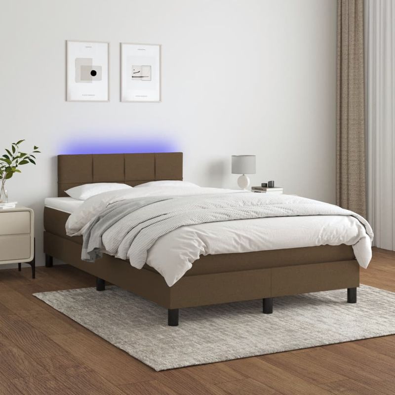 Casa si Gradina - Mobilier - Paturi si accesorii - Paturi - Pat cu arcuri, saltea si LED, maro inchis, 120x190 cm, textil - Infinity.ro