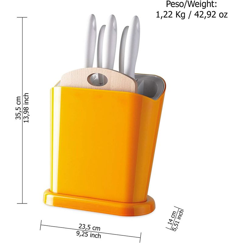 Casa si Gradina - Bucatarie si vesela - Organizare si depozitare bucatarie - Suporturi tacamuri si vase - Suport cu cutite si placa de lemn Trendy 23,5 x 14 x h 35,5 cm - galben - Infinity.ro