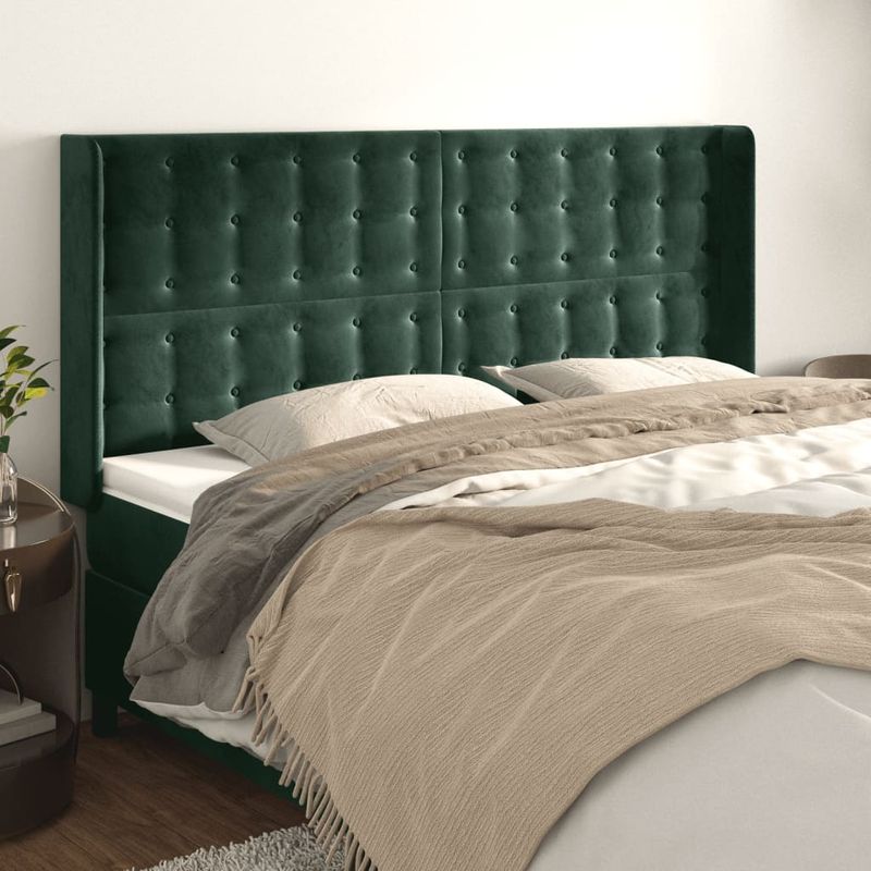 Casa si Gradina - Mobilier - Paturi si accesorii - Accesorii paturi - Tablie pat cu aripioare verde inchis 183x16x118/128 cm catifea - Infinity.ro