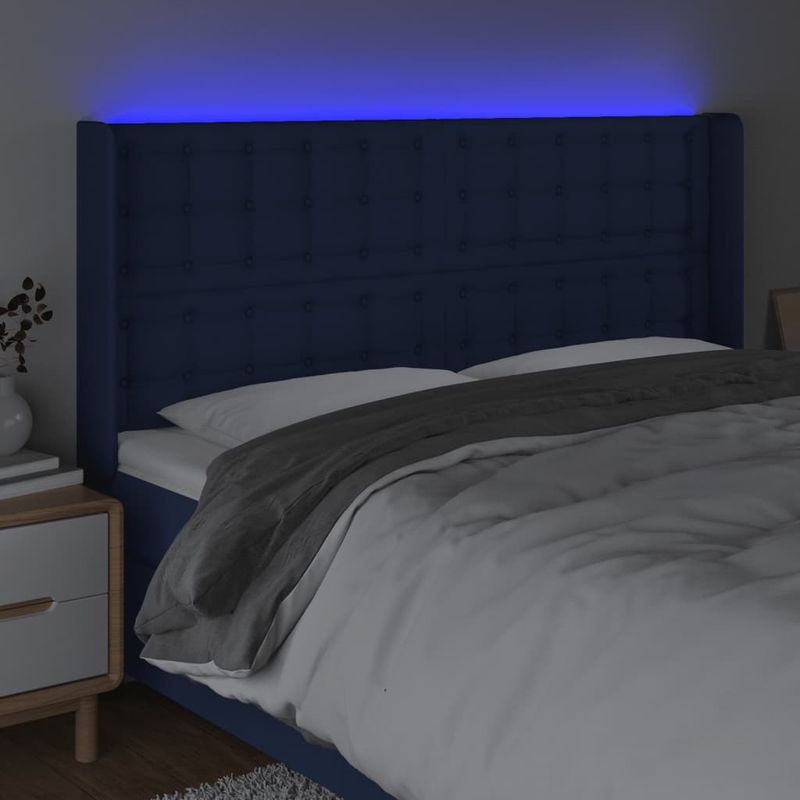 Casa si Gradina - Mobilier - Paturi si accesorii - Accesorii paturi - Tablie de pat cu LED, albastru, 183x16x118/128 cm, textil - Infinity.ro