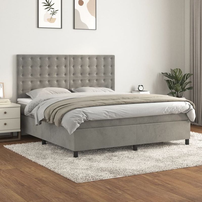 Casa si Gradina - Mobilier - Paturi si accesorii - Paturi - Pat box spring cu saltea, gri deschis, 180x200 cm, catifea - Infinity.ro