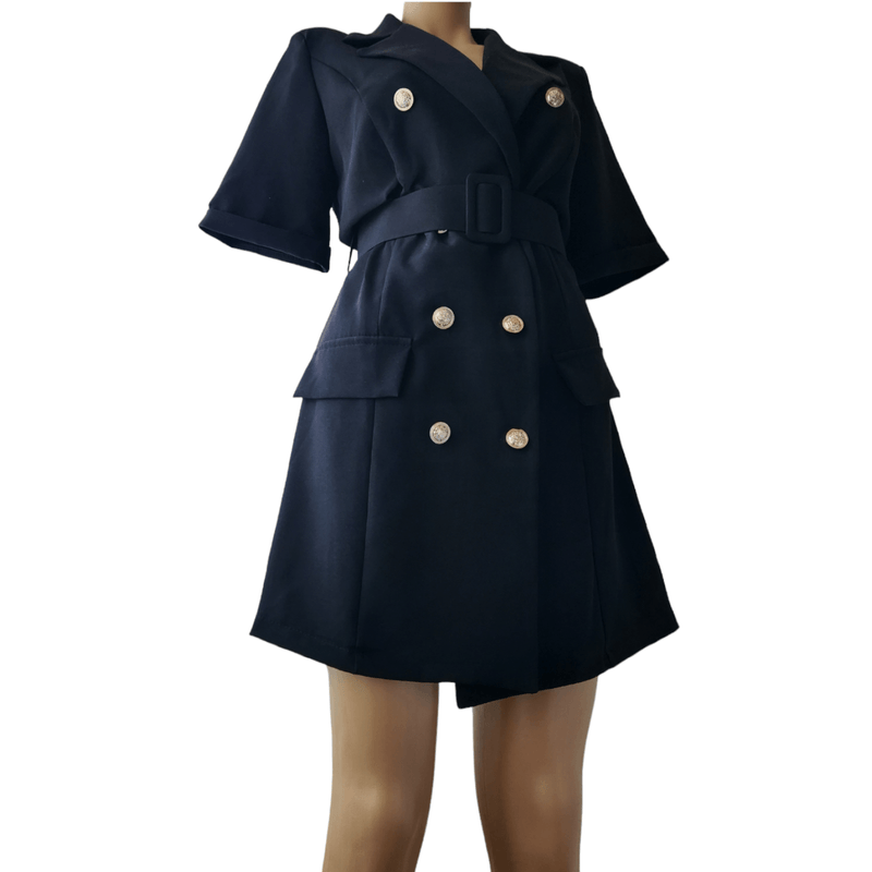 Fashion, accesorii si bijuterii - Femei - Imbracaminte femei - Rochii femei - Rochie neagra tip sacou cu detalii nasturi aurii, marime M/L tall, curea inclusa - Infinity.ro