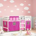 Casa si Gradina - Mobilier - Paturi si accesorii - Paturi - Pat etajat de copii cu perdele, roz, 90x190 cm, lemn masiv pin - Infinity.ro