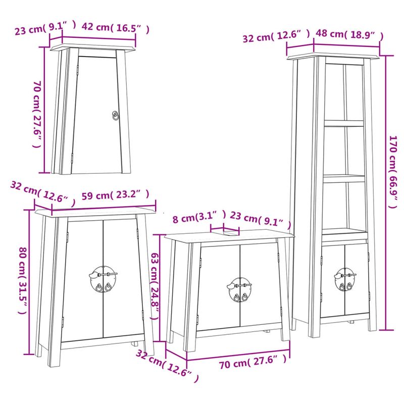 Casa si Gradina - Mobilier - Seturi de mobilier - Seturi baie - Set mobilier de baie, 4 piese, lemn masiv de pin, model dulap chiuvetă + dulap înalt + dulap lateral + dulap de perete - Infinity.ro