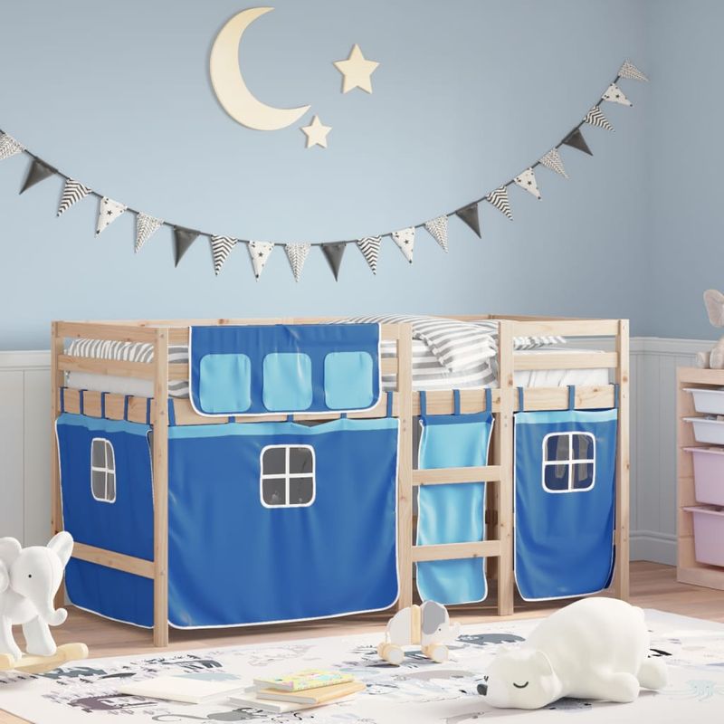 Casa si Gradina - Mobilier - Paturi si accesorii - Paturi - Pat etajat de copii cu perdele, bla, 90x190 cm, lemn masiv pin - Infinity.ro