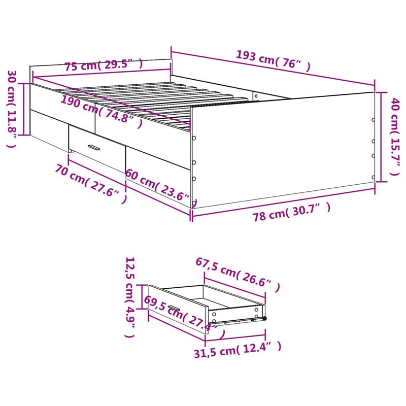 Casa si Gradina - Mobilier - Paturi si accesorii - Paturi - Cadru de pat cu sertare, negru, 75x190 cm, lemn prelucrat - Infinity.ro