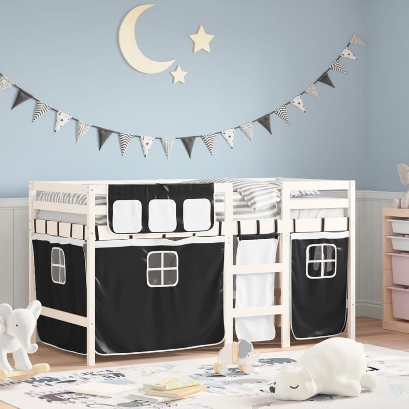 Casa si Gradina - Mobilier - Paturi si accesorii - Paturi - Pat etajat de copii perdele, alb/negru 90x190 cm lemn masiv pin - Infinity.ro