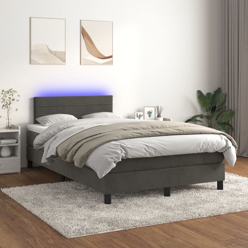 Casa si Gradina - Mobilier - Paturi si accesorii - Paturi - Pat cu arcuri, saltea si LED, gri inchis, 120x190 cm, catifea - Infinity.ro