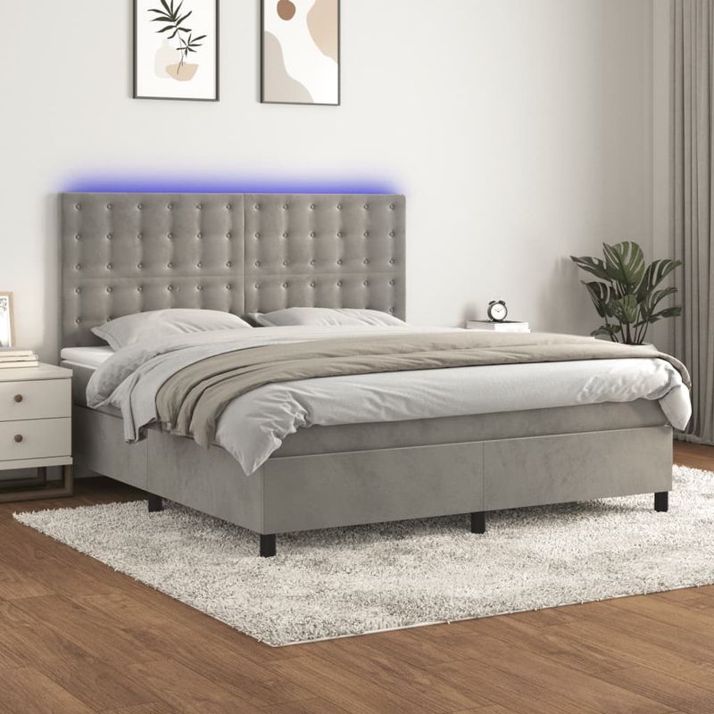 Casa si Gradina - Mobilier - Paturi si accesorii - Paturi - Pat cu arcuri, saltea si LED, gri deschis, 180x200 cm, catifea - Infinity.ro