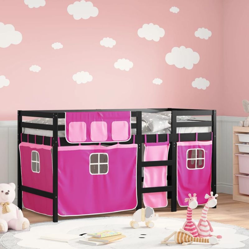 Casa si Gradina - Mobilier - Paturi si accesorii - Paturi - Pat etajat de copii cu perdele, roz, 80x200 cm, lemn masiv pin - Infinity.ro