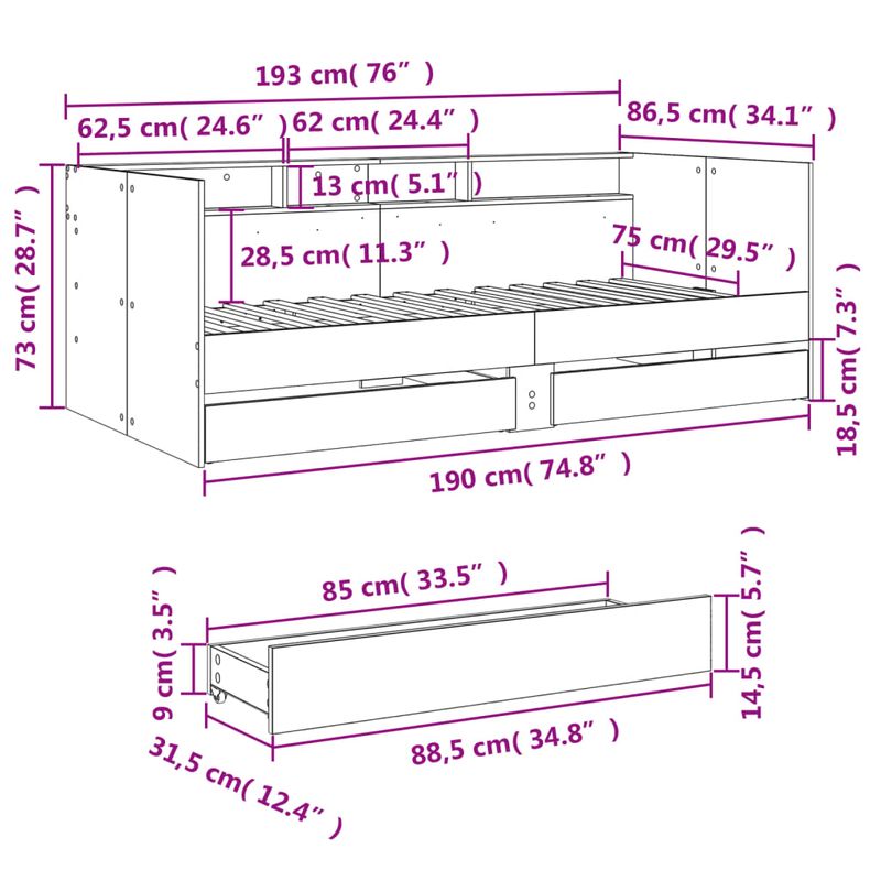 Casa si Gradina - Mobilier - Paturi si accesorii - Paturi - Cadru pat cu sertare, stejar sonoma, 75x190 cm lemn prelucrat - Infinity.ro