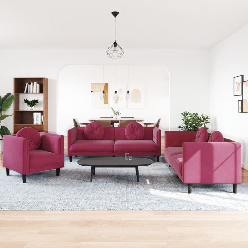Casa si Gradina - Mobilier - Seturi de mobilier - Seturi living - Set canapele cu perne, 3 piese, rosu vin, catifea - Infinity.ro