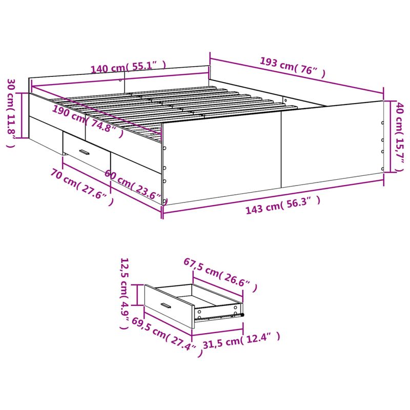 Casa si Gradina - Mobilier - Paturi si accesorii - Paturi - Cadru pat cu sertare alb extralucios 140x190 cm, lemn prelucrat - Infinity.ro