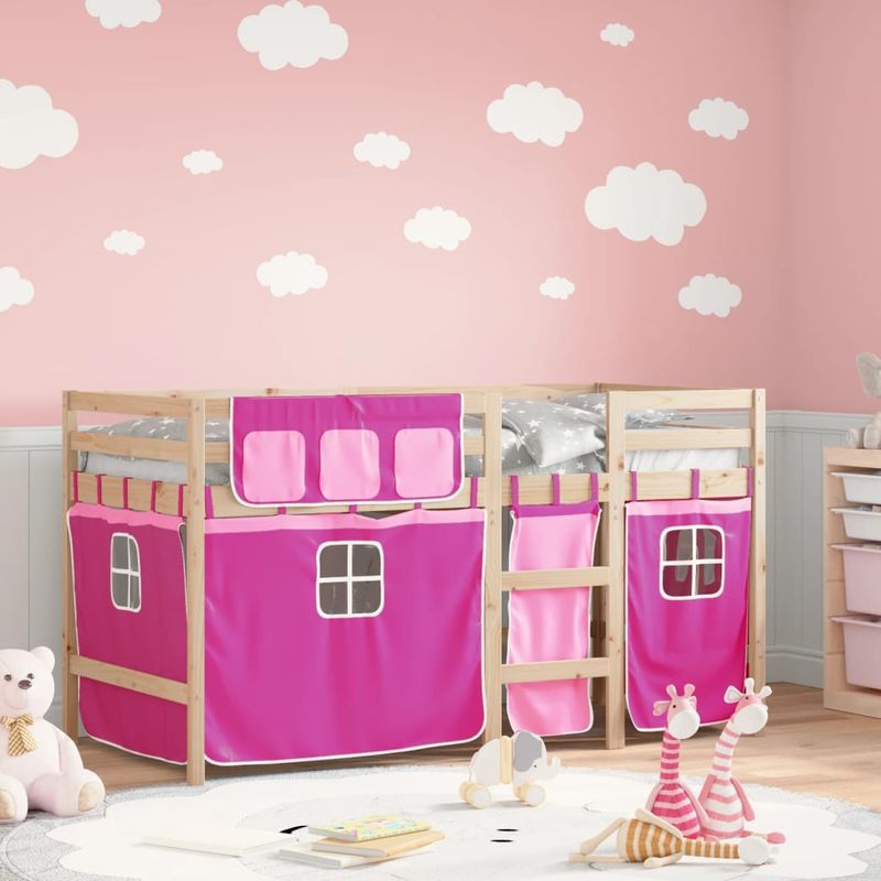 Casa si Gradina - Mobilier - Paturi si accesorii - Paturi - Pat etajat de copii cu perdele, roz, 90x190 cm, lemn masiv pin - Infinity.ro