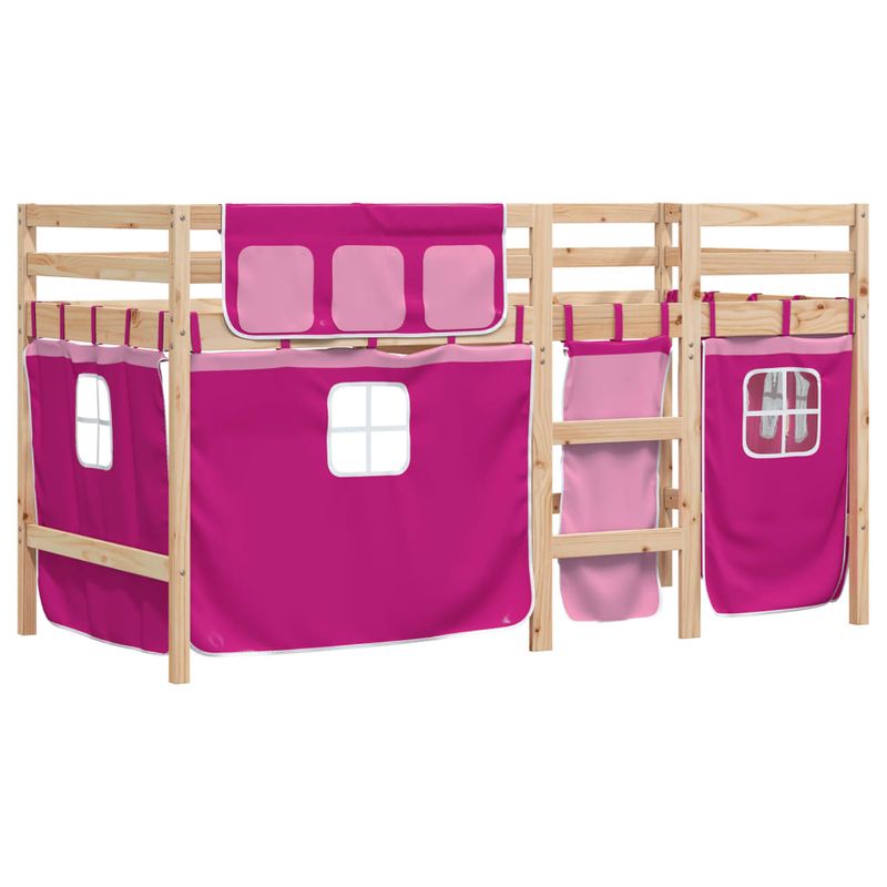 Casa si Gradina - Mobilier - Paturi si accesorii - Paturi - Pat etajat de copii cu perdele, roz, 90x190 cm, lemn masiv pin - Infinity.ro