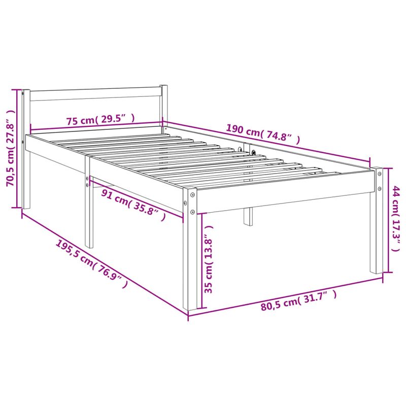 Casa si Gradina - Mobilier - Paturi si accesorii - Paturi - Pat pentru seniori mic single, alb, 75x190 cm, lemn masiv pin - Infinity.ro