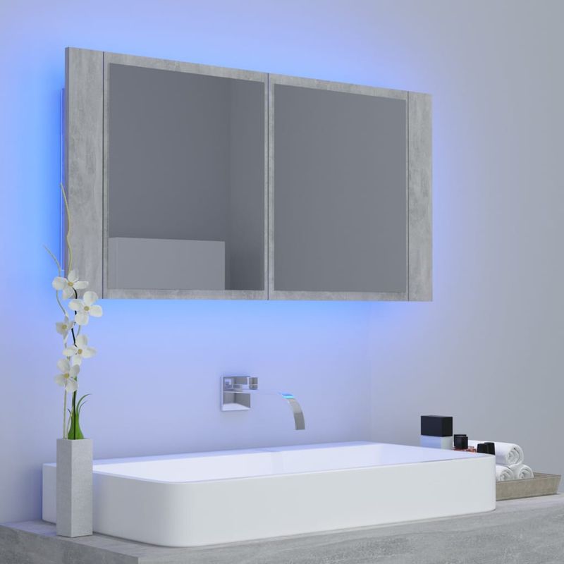 Casa si Gradina - Mobilier - Mobilier baie - Corpuri baie - Dulap de baie cu oglinda si LED, gri beton, 90x12x45 cm acril - Infinity.ro