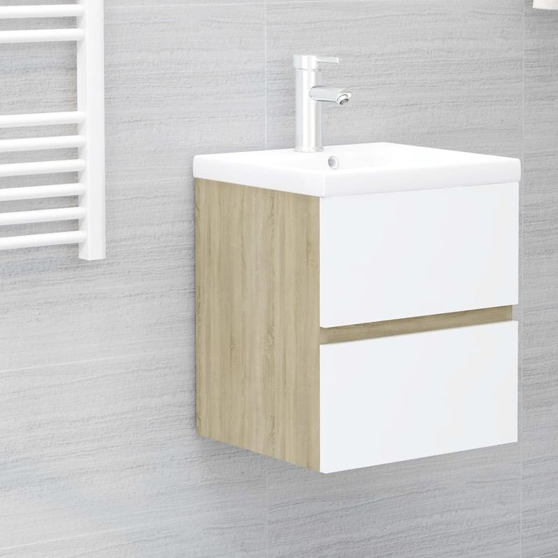 Casa si Gradina - Mobilier - Mobilier baie - Comode baie - Dulap cu chiuveta incorporata, alb/stejar sonoma lemn prelucrat, mărime 41x38.5x45 cm, model fără robinet și scurgere - Infinity.ro