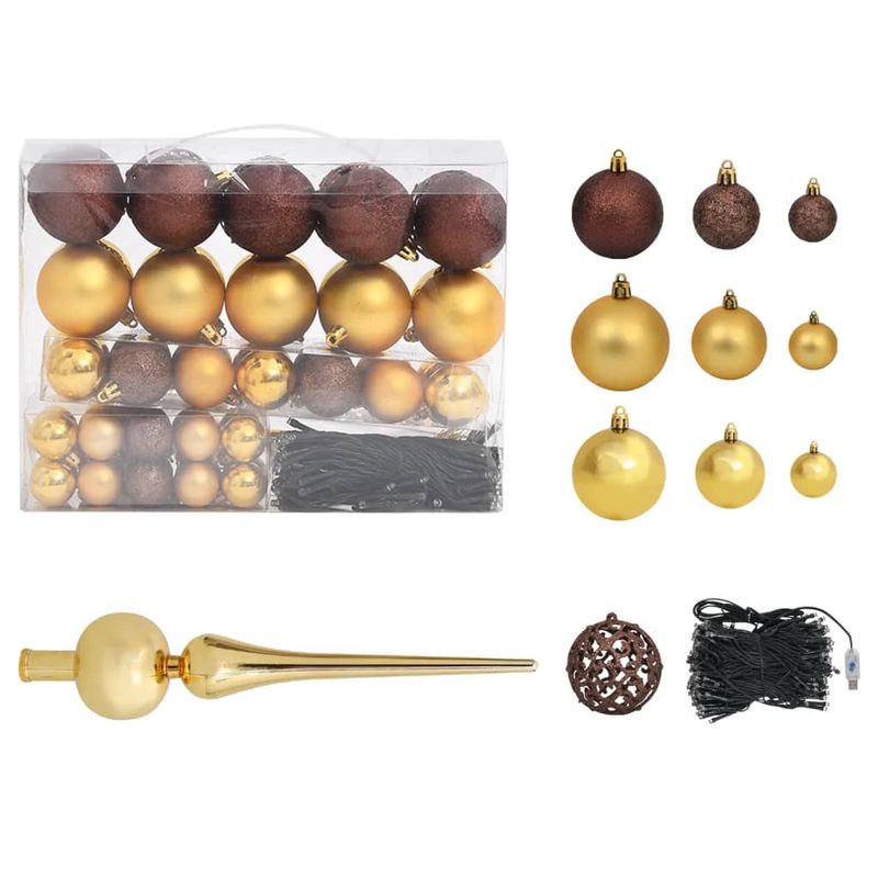 Casa si Gradina - Decoratiuni - Decoratiuni de sezon - Brad Crăciun pre-iluminat cu set globuri, albastru, 150 cm, PVC, model cu LED-uri și globuri aurii/bronz - Infinity.ro