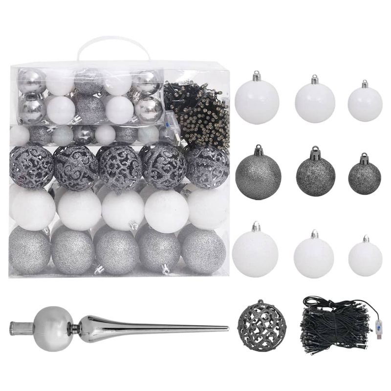 Casa si Gradina - Decoratiuni - Decoratiuni de sezon - Brad Crăciun pre-iluminat cu set globuri, roz, 210 cm, PVC, model cu LED-uri și globuri albe/gri - Infinity.ro
