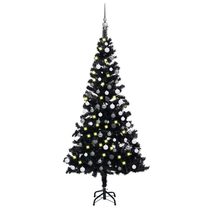 Casa si Gradina - Decoratiuni - Decoratiuni de sezon - Brad Crăciun pre-iluminat cu set globuri, negru, 120 cm, PVC, model cu LED-uri și globuri albe/gri - Infinity.ro