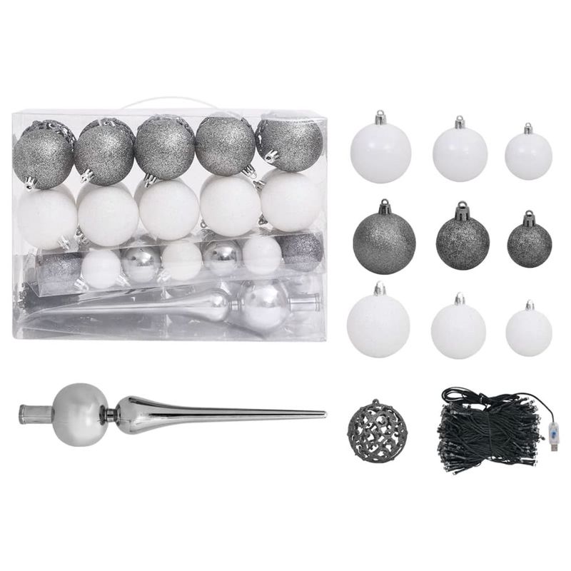 Casa si Gradina - Decoratiuni - Decoratiuni de sezon - Brad Crăciun pre-iluminat cu set globuri, negru, 120 cm, PVC, model cu LED-uri și globuri albe/gri - Infinity.ro