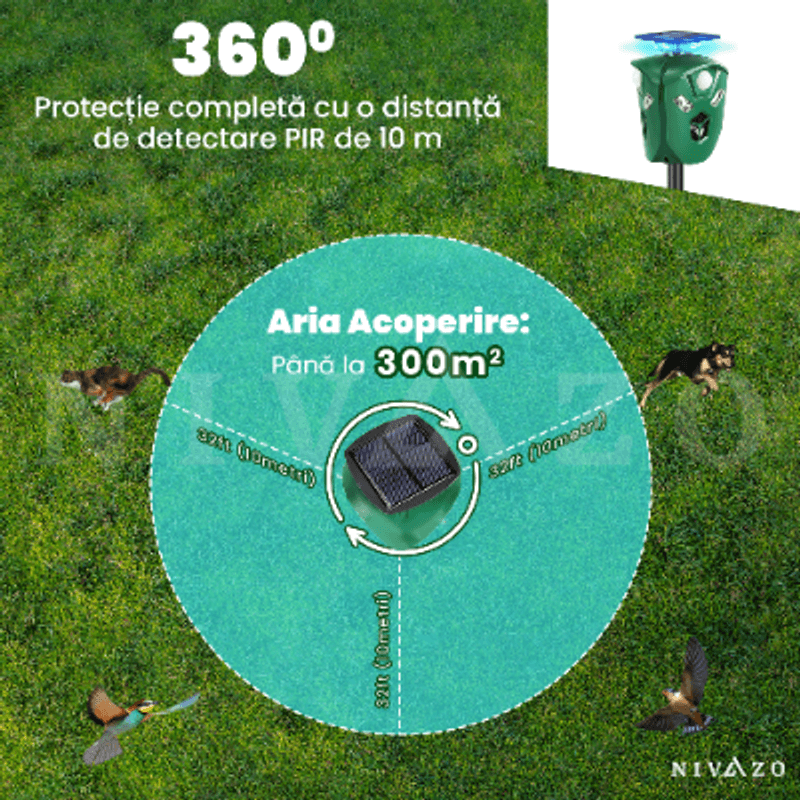 Casa si Gradina - Gradinarit si plante - Intretinere gradina - Articole daunatori gradina - Dispozitiv cu ultrasunete anti-daunatori, Nivazo AR16, 800 metri, 3 laturi,  3 moduri functionare, acoperire 360, incarcare solara, verde - Infinity.ro