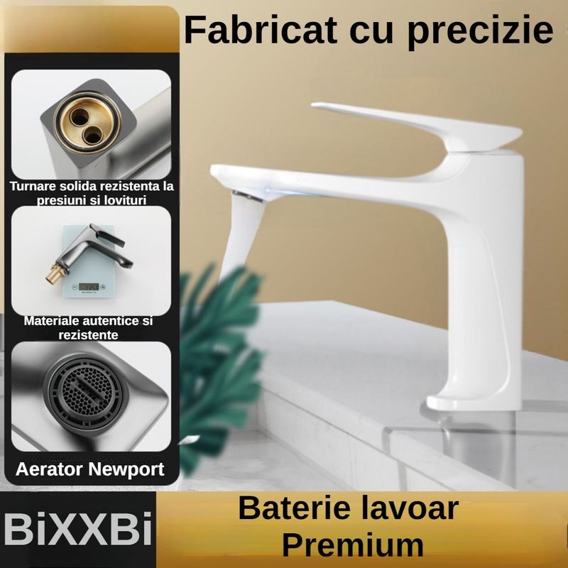 Casa si Gradina - Sanitare - Lavoar baie si accesorii - Baterii sanitare - Baterie Lavoar BiXXBi Bath X, Cupru, Aerator Newport, Cartus Ceramic, Premium, Design Modern, Alb - Infinity.ro