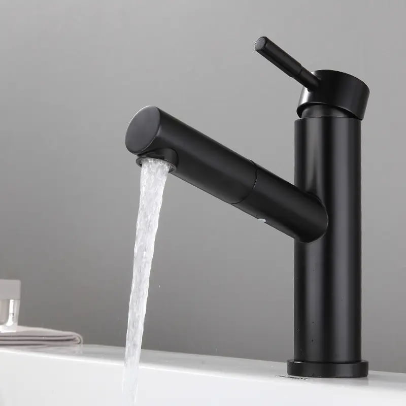 Casa si Gradina - Sanitare - Lavoar baie si accesorii - Baterii sanitare - Baterie chiuveta MaGeCa® cu dus extractabil din otel inoxidabil, Racorduri si accesorii incluse, Design modern, Negru - Infinity.ro