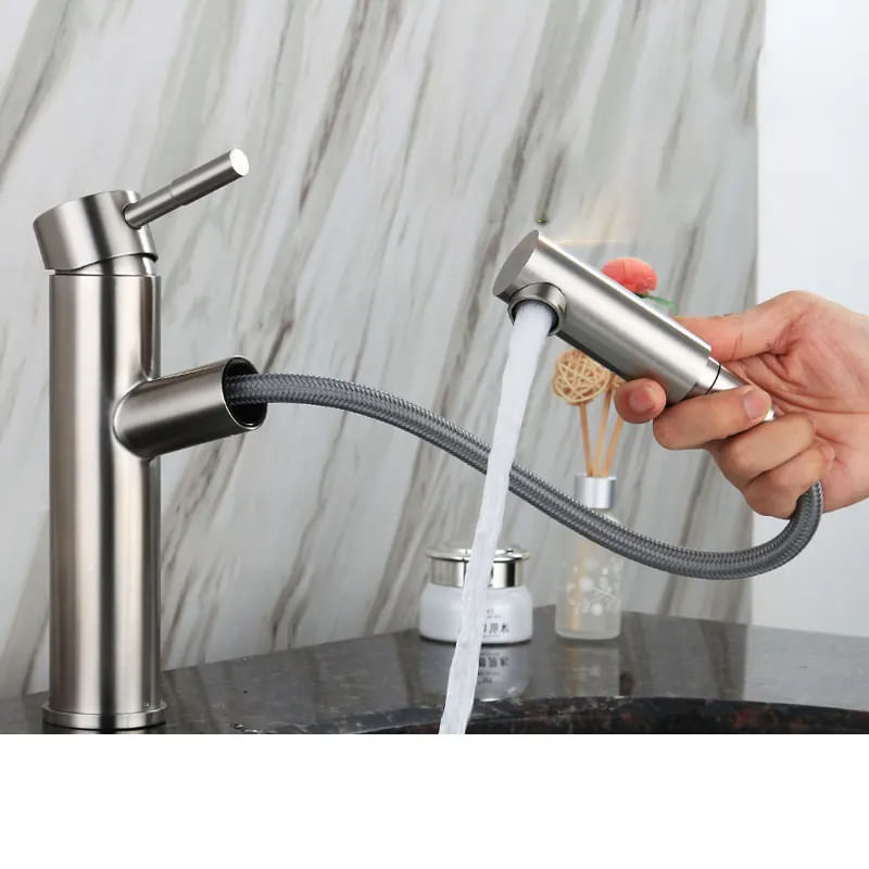 Casa si Gradina - Sanitare - Lavoar baie si accesorii - Baterii sanitare - Baterie chiuveta MaGeCa® cu dus extractabil din otel inoxidabil, Racorduri si accesorii incluse, Design modern, Silver - Infinity.ro