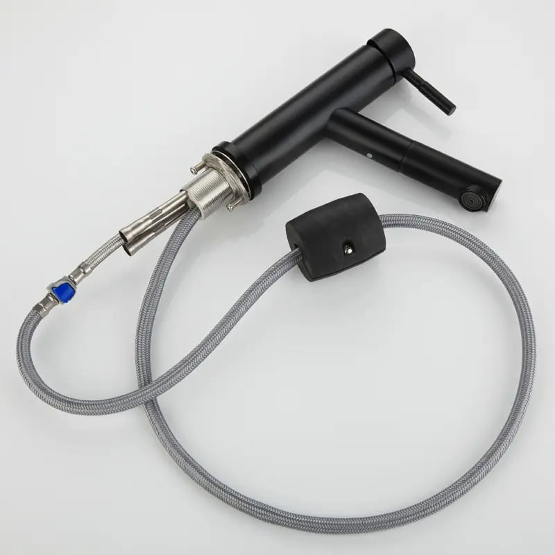 Casa si Gradina - Sanitare - Lavoar baie si accesorii - Baterii sanitare - Baterie chiuveta MaGeCa® cu dus extractabil din otel inoxidabil, Racorduri si accesorii incluse, Design modern, Negru - Infinity.ro