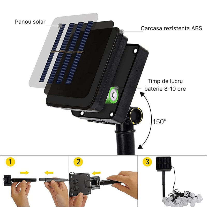 Casa si Gradina - Corpuri si surse de iluminat - Iluminat exterior - Lampi solare - Ghirlanda luminoasa MaGeCa® cu incarcare solara, 20 de becuri LED, lungime 5m, Impermeabil IP65, Lumina calda - Infinity.ro