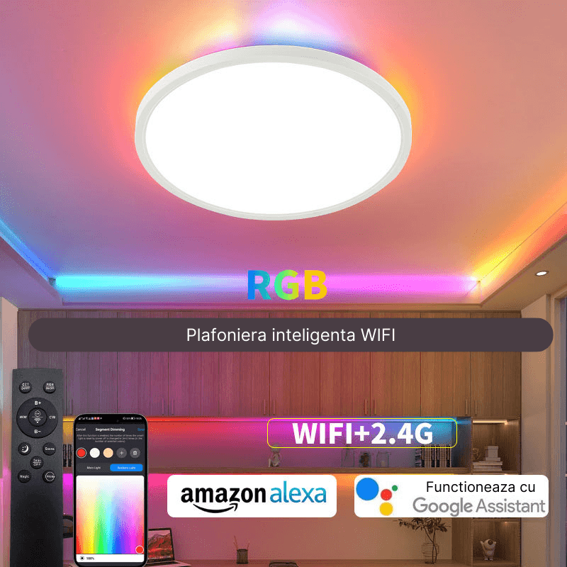 Casa si Gradina - Corpuri si surse de iluminat - Plafoniere, aplice si spoturi - Plafoniera LED inteligenta MaGeCa®, RGB, 32W, Telecomanda, Aplicatie telefon compatibila Google Assistant/Amazon Alexa - Infinity.ro