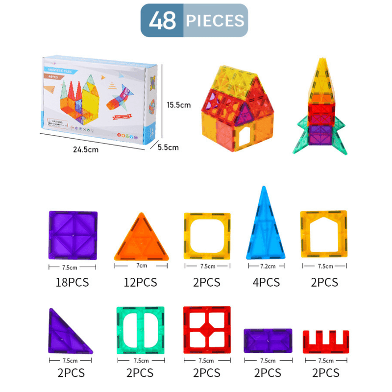 Jucarii, Copii si Bebe - Jucarii si jocuri - Seturi de constructie si cuburi - Seturi de constructie - Set inteligent de constructie cu blocuri magnetice MaGeCa®, 48 de piese colorate, Magnetic Tiles 3D - Infinity.ro