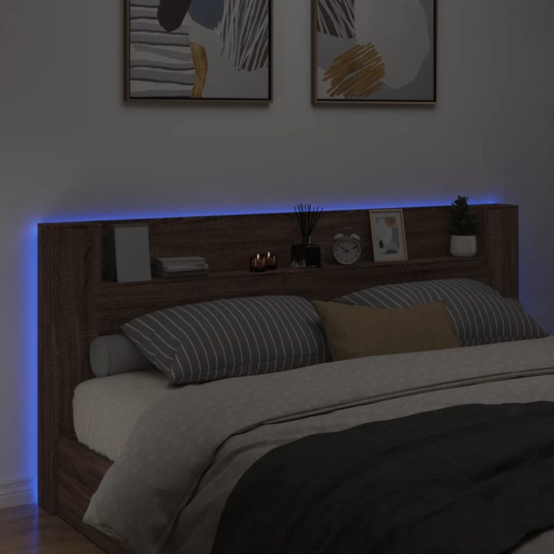 Casa si Gradina - Mobilier - Paturi si accesorii - Accesorii paturi - Tablie de pat cu dulap si LED, stejar maro, 220x16,5x103,5 cm - Infinity.ro