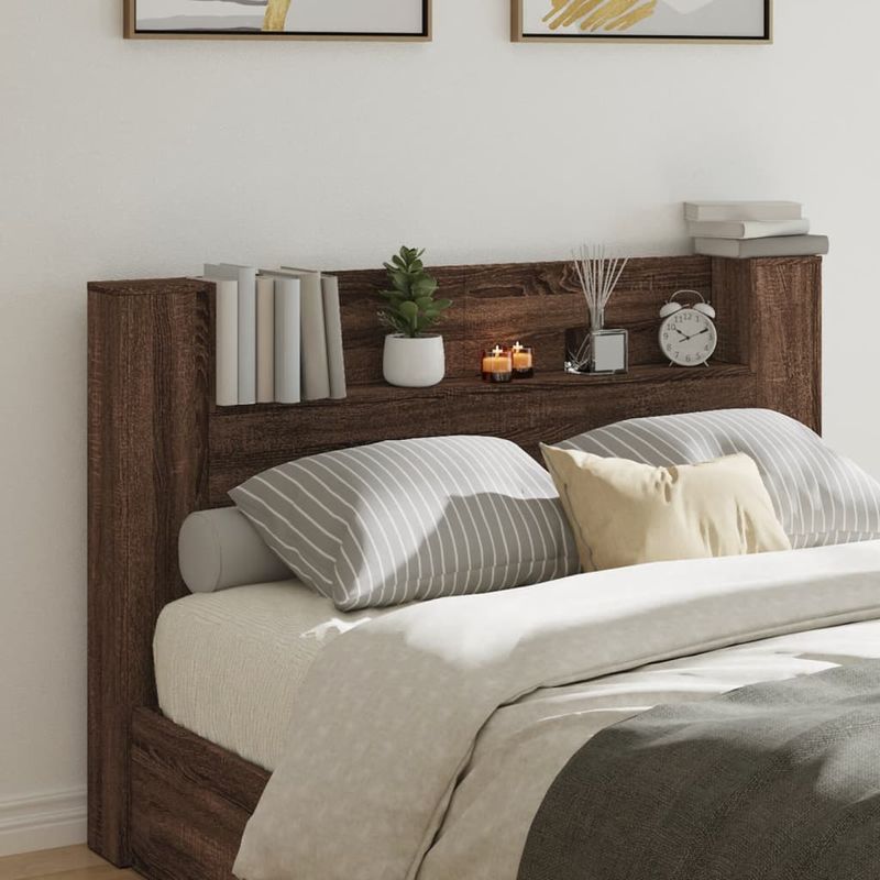 Casa si Gradina - Mobilier - Paturi si accesorii - Accesorii paturi - Tablie de pat cu dulap si LED, stejar maro, 160x16,5x103,5 cm - Infinity.ro