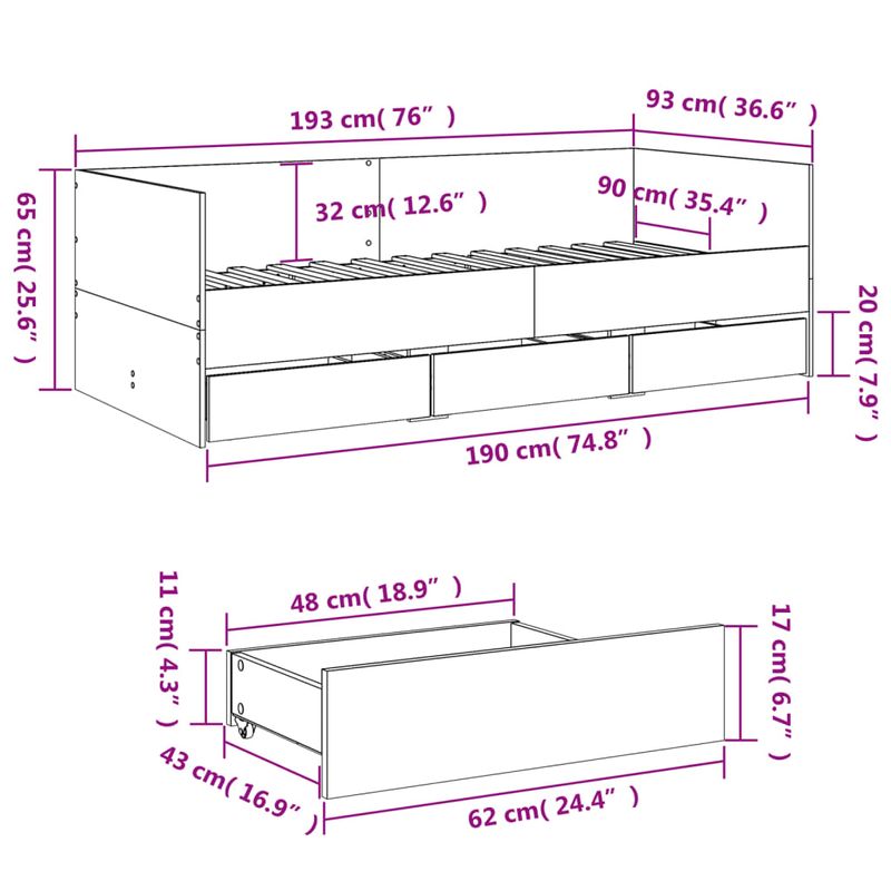 Casa si Gradina - Mobilier - Paturi si accesorii - Paturi - Cadru pat de zi cu sertare gri sonoma 90x190 cm lemn prelucrat - Infinity.ro